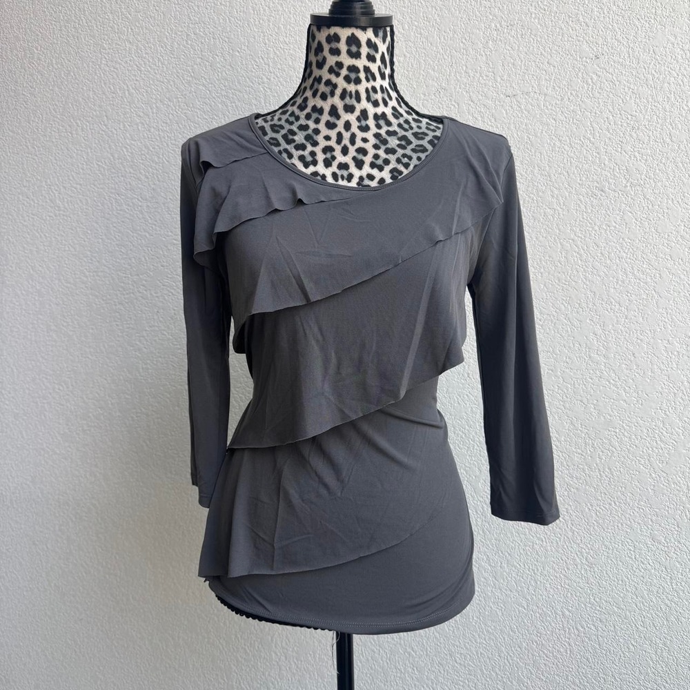 Worthington Gray ruffle blouse with 3/4 sleeves and tie waist